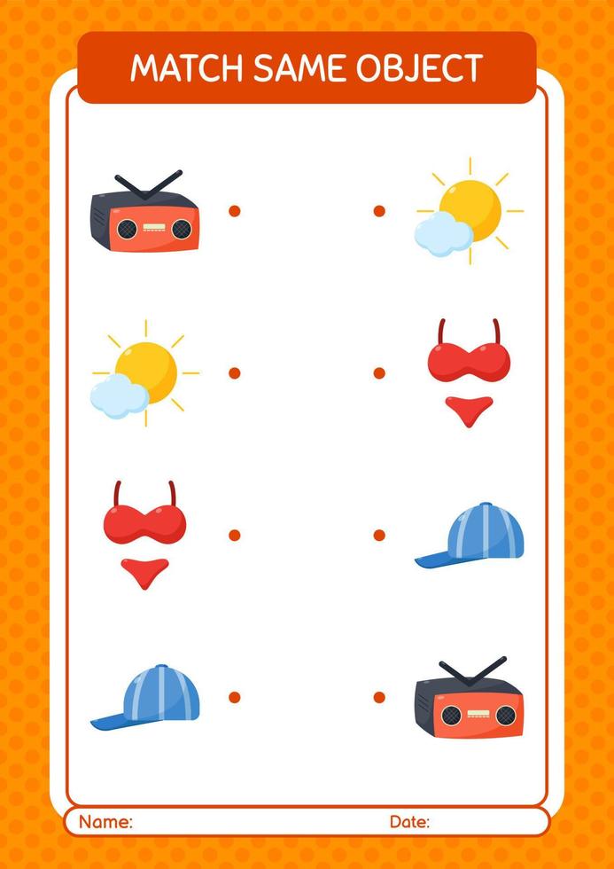 Match with same object game summer icon. worksheet for preschool kids, kids activity sheet vector