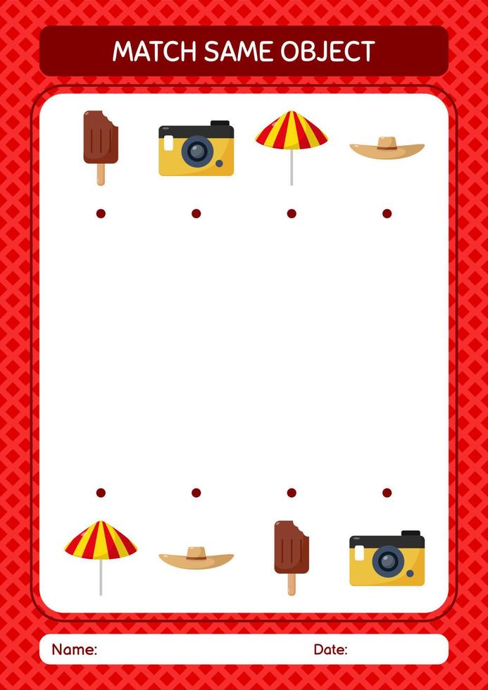 Match with same object game summer icon. worksheet for preschool kids, kids activity sheet vector