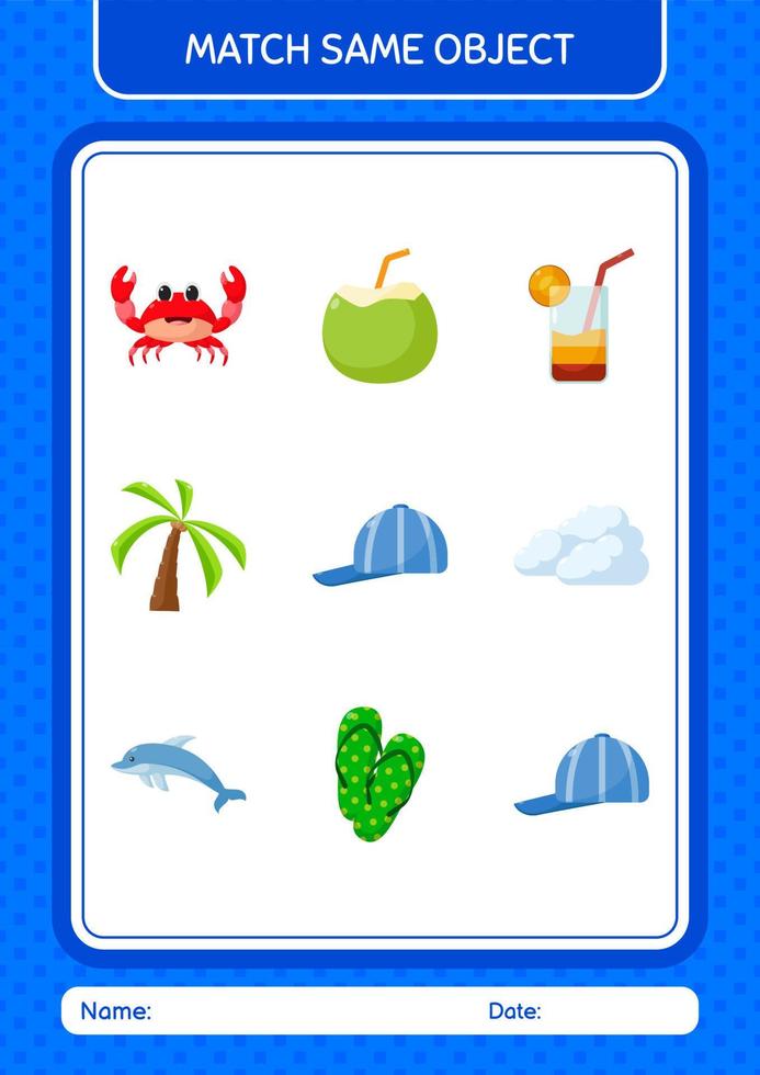 Match with same object game summer icon. worksheet for preschool kids, kids activity sheet vector