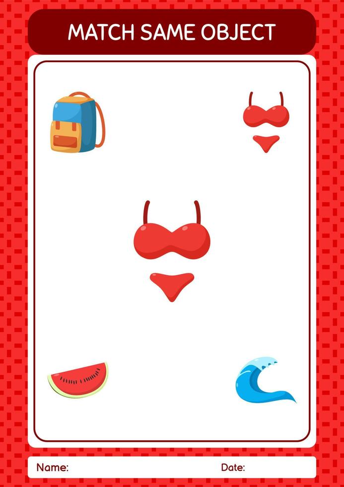 Match with same object game summer icon. worksheet for preschool kids, kids activity sheet vector
