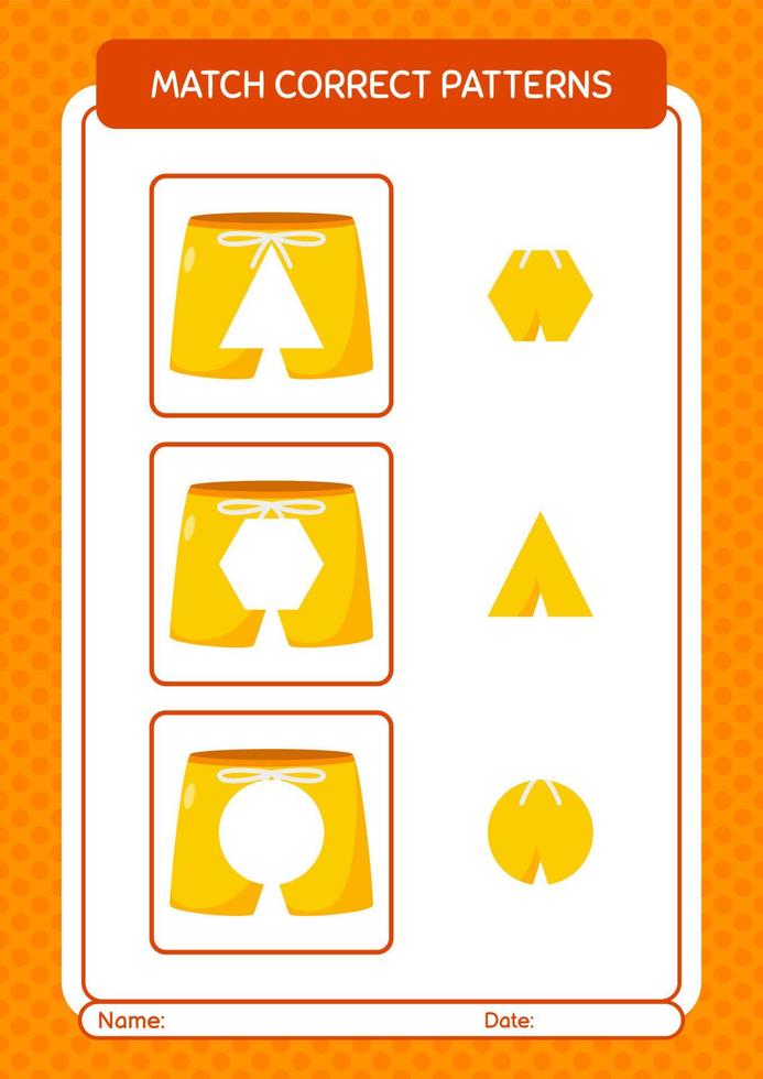 Match pattern game with beach short. worksheet for preschool kids, kids activity sheet vector
