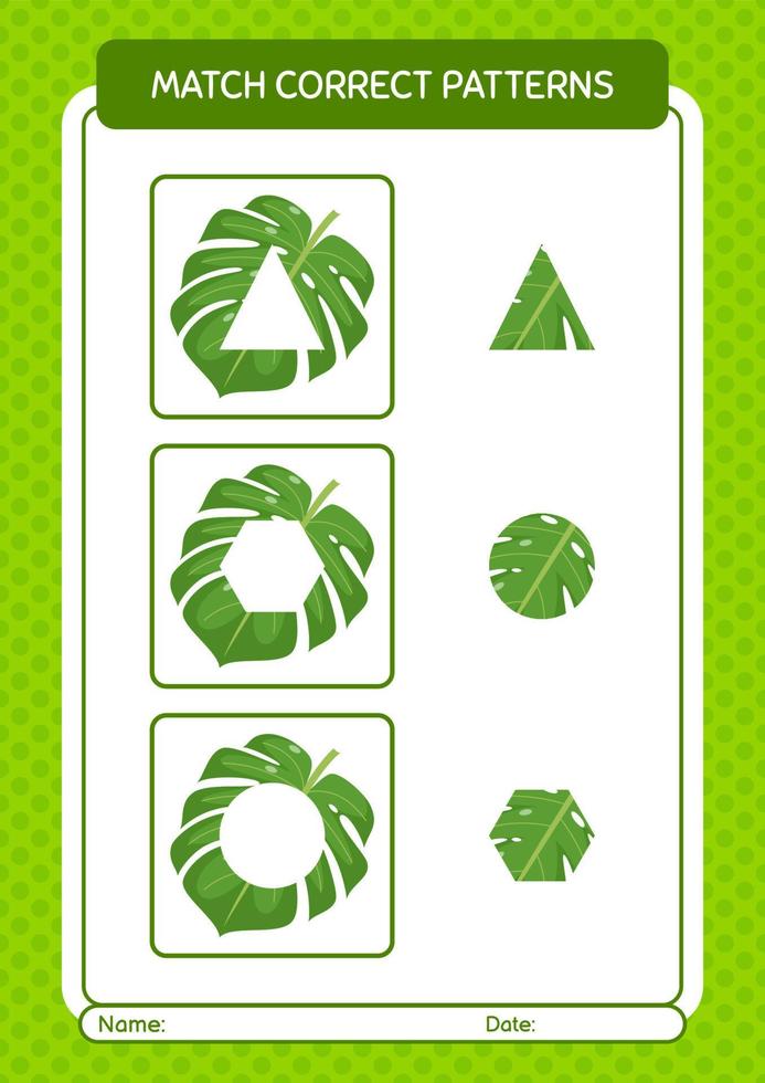 Match pattern game with monstera leaf. worksheet for preschool kids, kids activity sheet vector