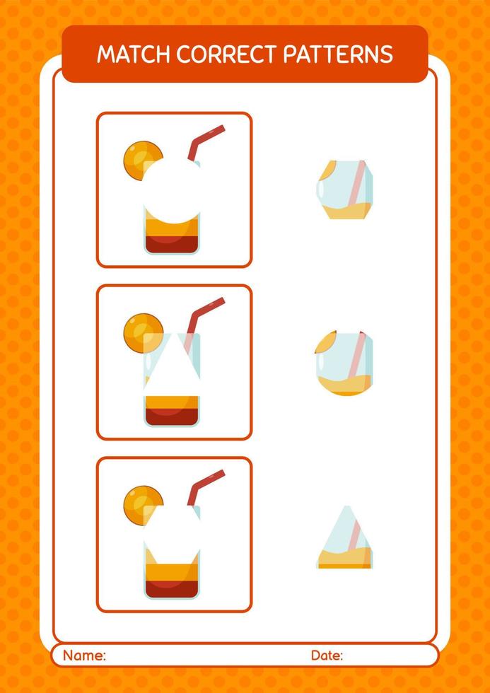 Match pattern game with cocktail. worksheet for preschool kids, kids activity sheet vector