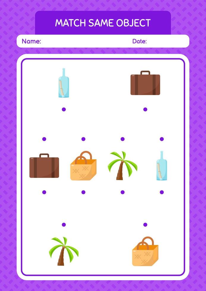 Match with same object game summer icon. worksheet for preschool kids, kids activity sheet vector