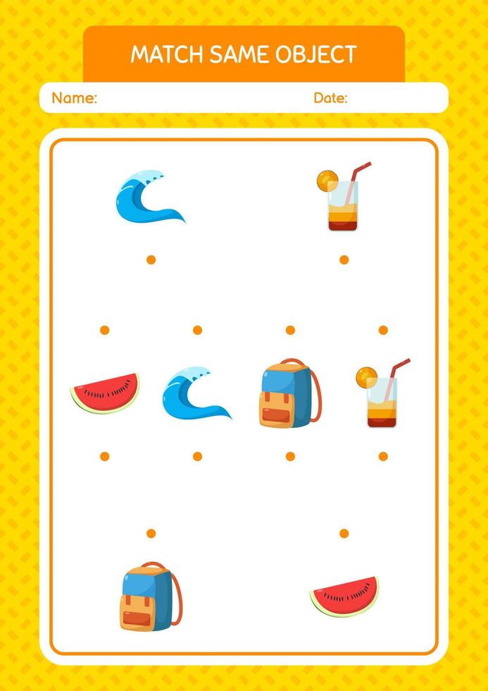 Match with same object game summer icon. worksheet for preschool kids, kids activity sheet vector