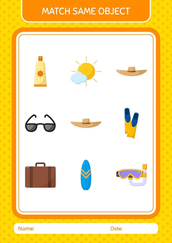 Match with same object game summer icon. worksheet for preschool kids, kids activity sheet vector