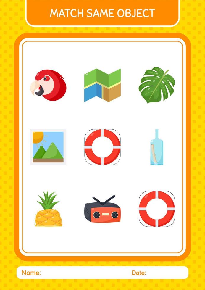 Match with same object game summer icon. worksheet for preschool kids, kids activity sheet vector