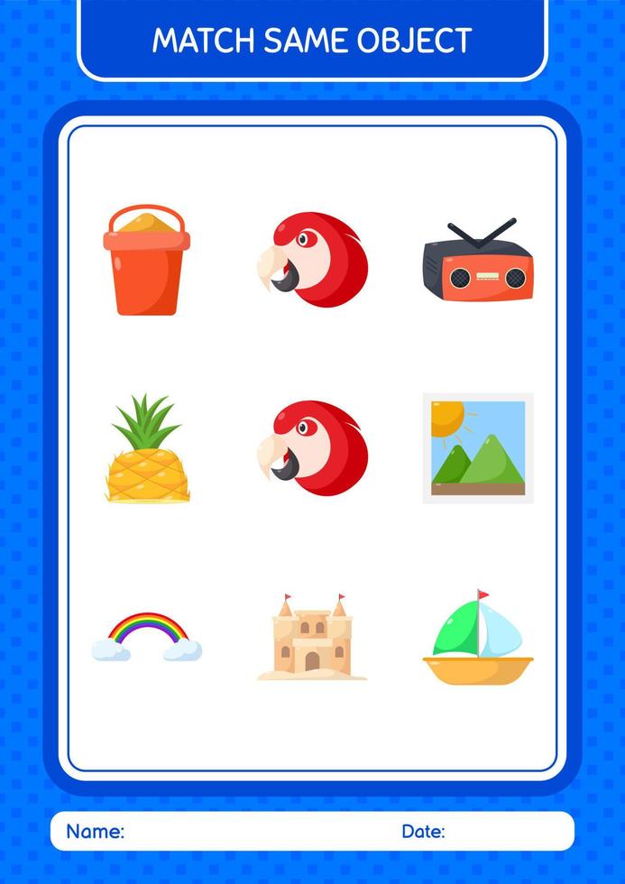 Match with same object game summer icon. worksheet for preschool kids, kids activity sheet vector