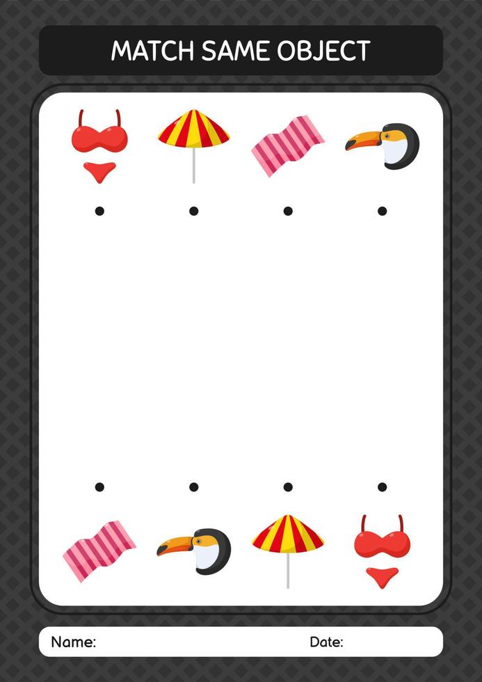 Match with same object game summer icon. worksheet for preschool kids, kids activity sheet vector