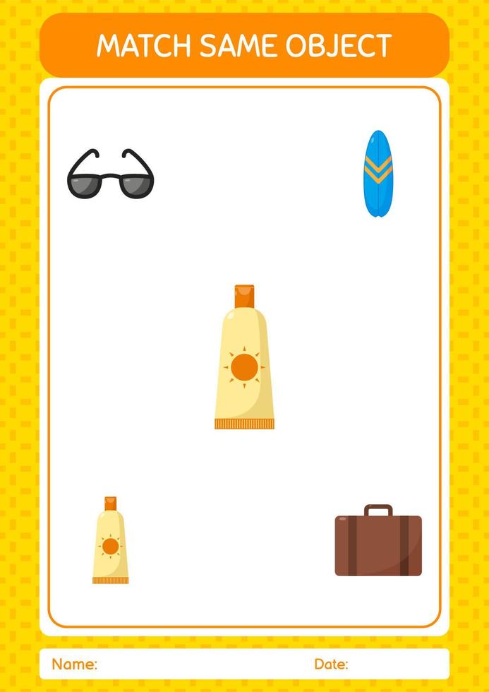 Match with same object game summer icon. worksheet for preschool kids, kids activity sheet vector