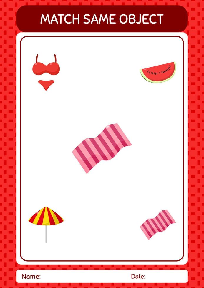 Match with same object game summer icon. worksheet for preschool kids, kids activity sheet vector