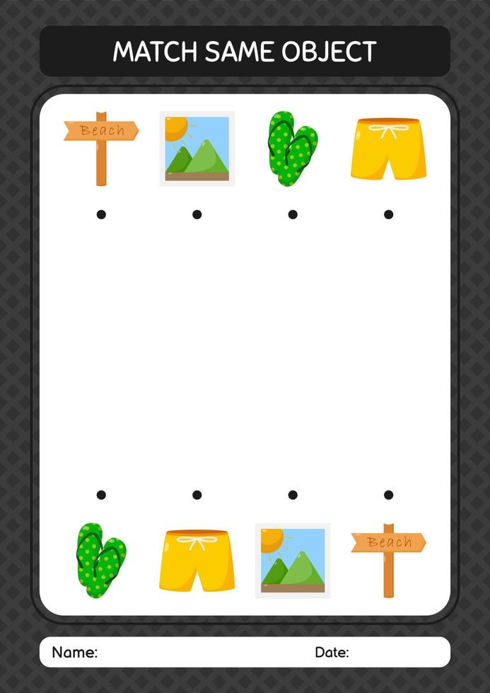 Match with same object game summer icon. worksheet for preschool kids, kids activity sheet vector