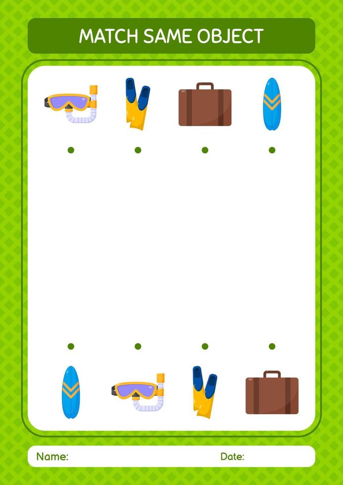 Match with same object game summer icon. worksheet for preschool kids, kids activity sheet vector