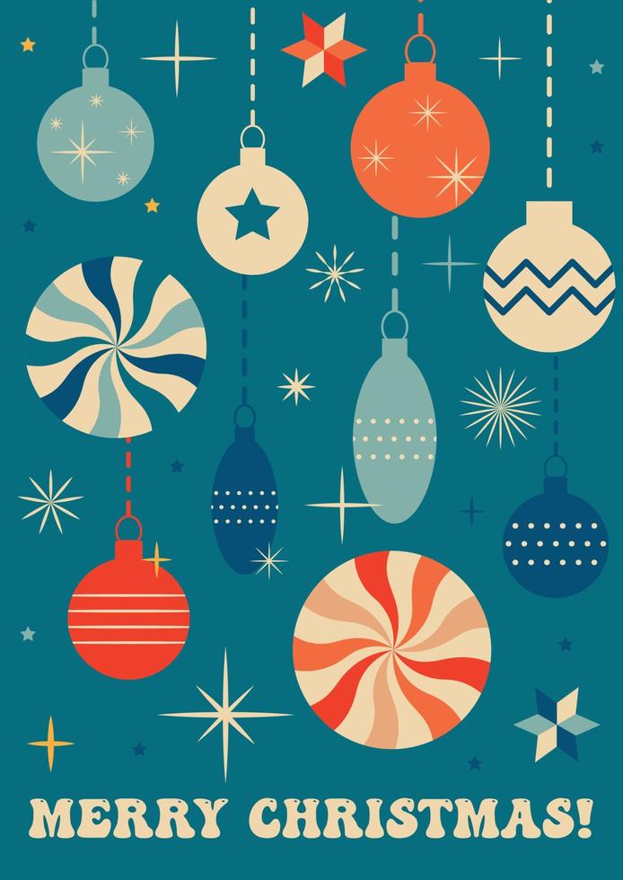 Retro vintage greeting card Merry Christmas. Groove Christmas card. Vector illustration