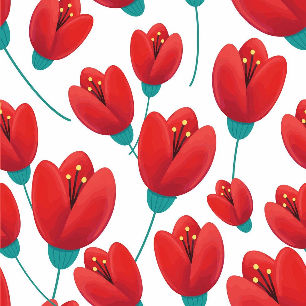 pattern of red tulips with green leaves on a white background vector