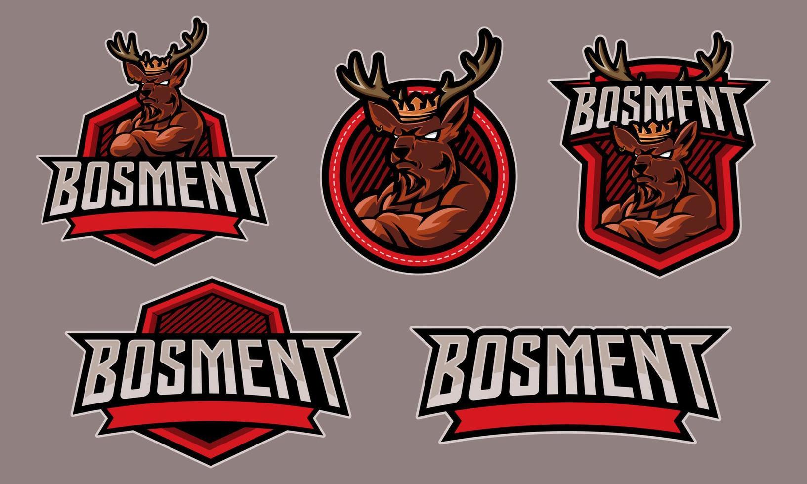Various kinds of esport logo named BOSMENT with the symbol of a muscular brown deer. Vector illustration.