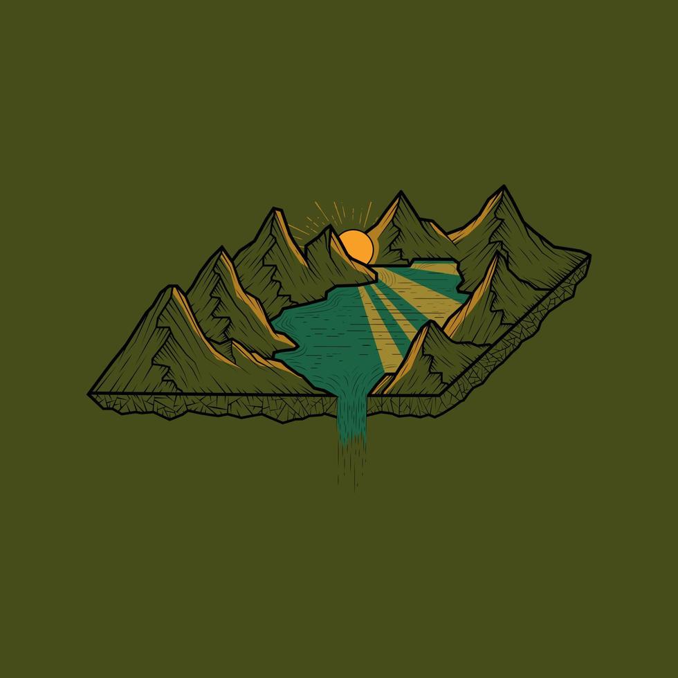 Natural landscape line illustration. Abstract Design Mountain and lake landscape. Great for clothing design. vector illustration