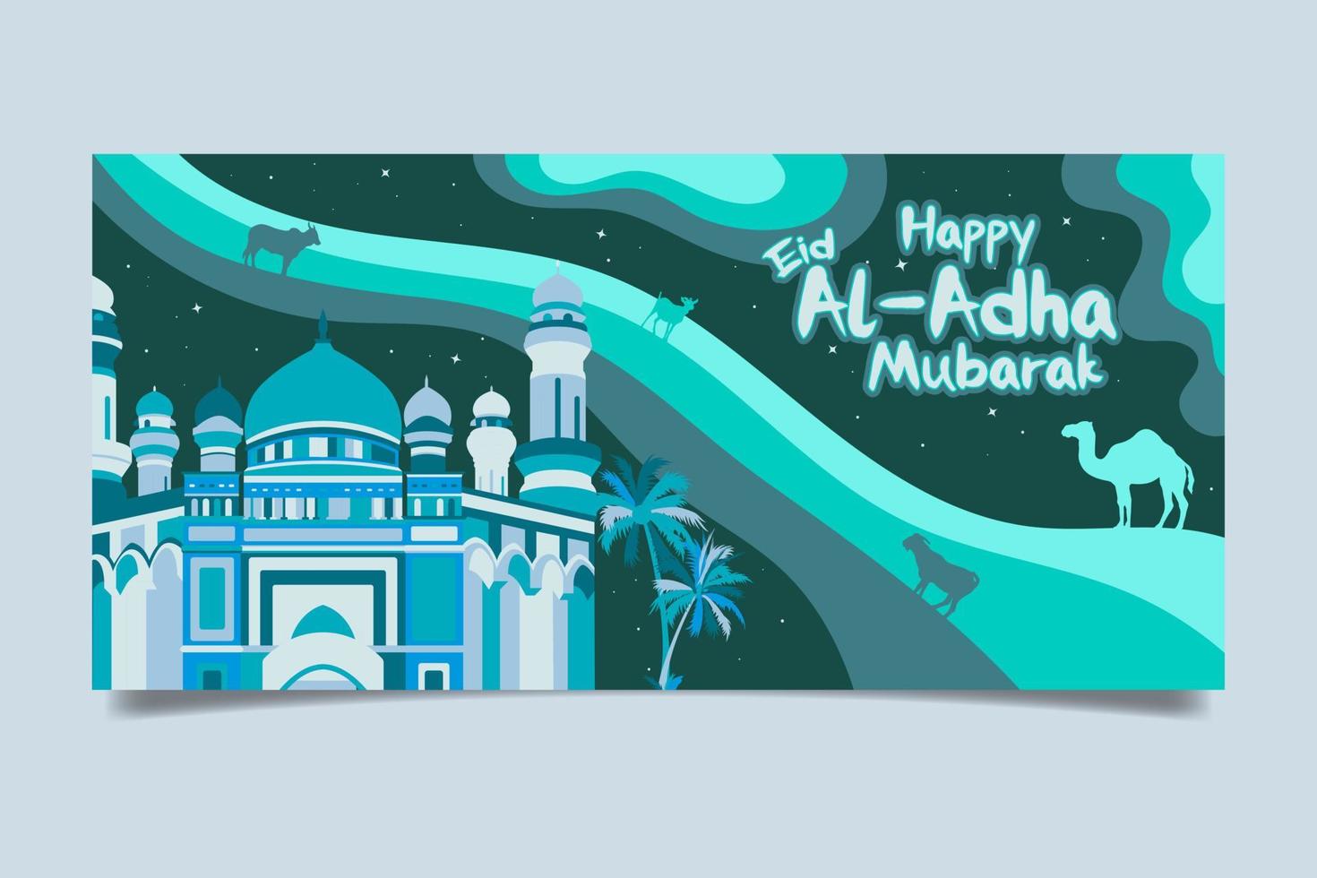 Flat Cartoon Eid al-Adha Mubarak banner template. Vector illustration