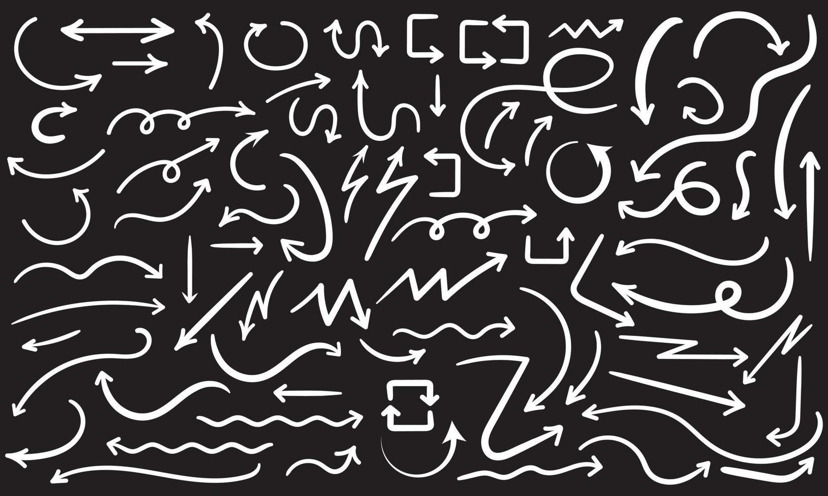 Set of hand drawn arrows of various shapes on black background. Vector illustration