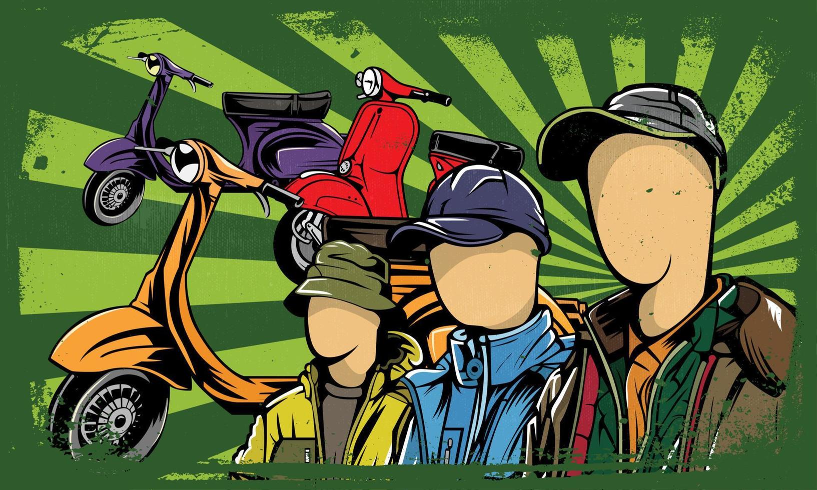 antecedentes de la comunidad vespa scooter. plantillas de banner clásicas. estilo grunge de dibujos animados, vintage. banner de evento de scooter. ilustración vectorial vector