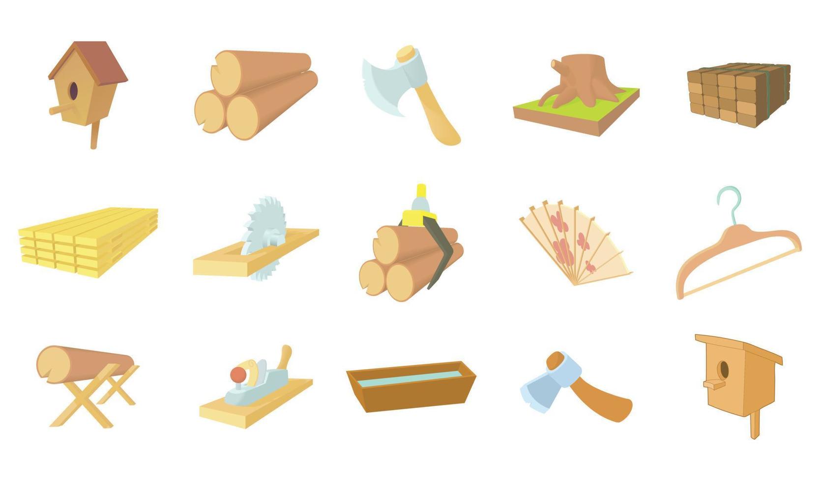 Wood object icon set, cartoon style vector