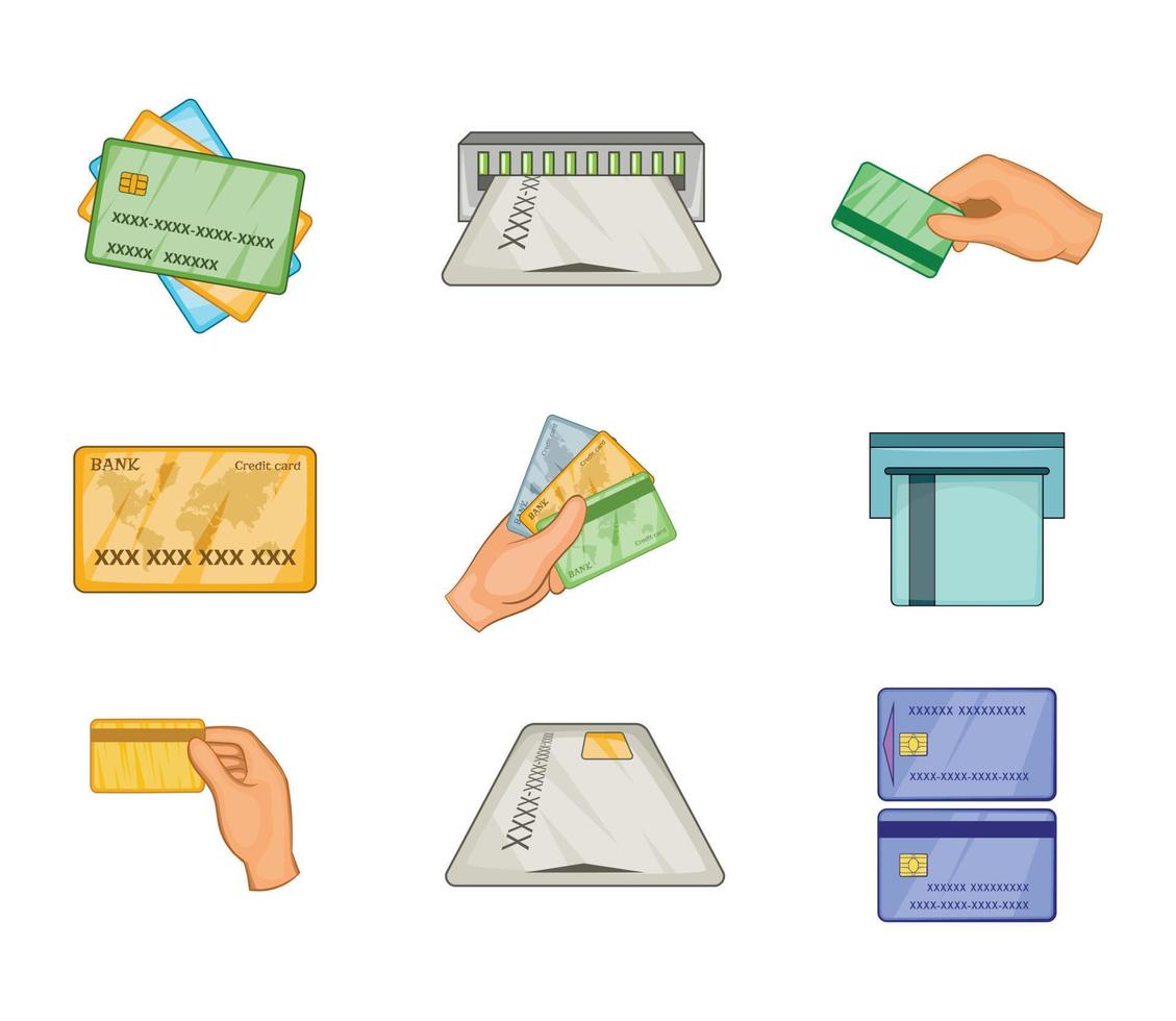 Credit card icon set, cartoon style vector