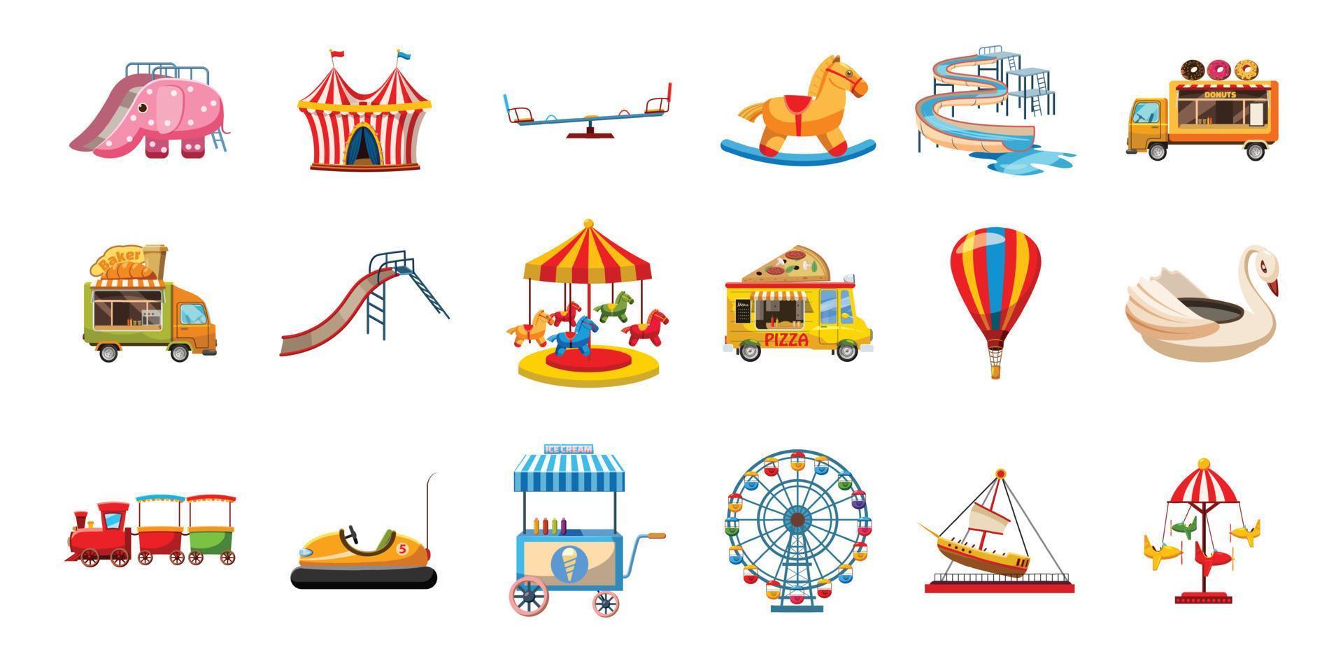 Kid amusement icon set, cartoon style vector