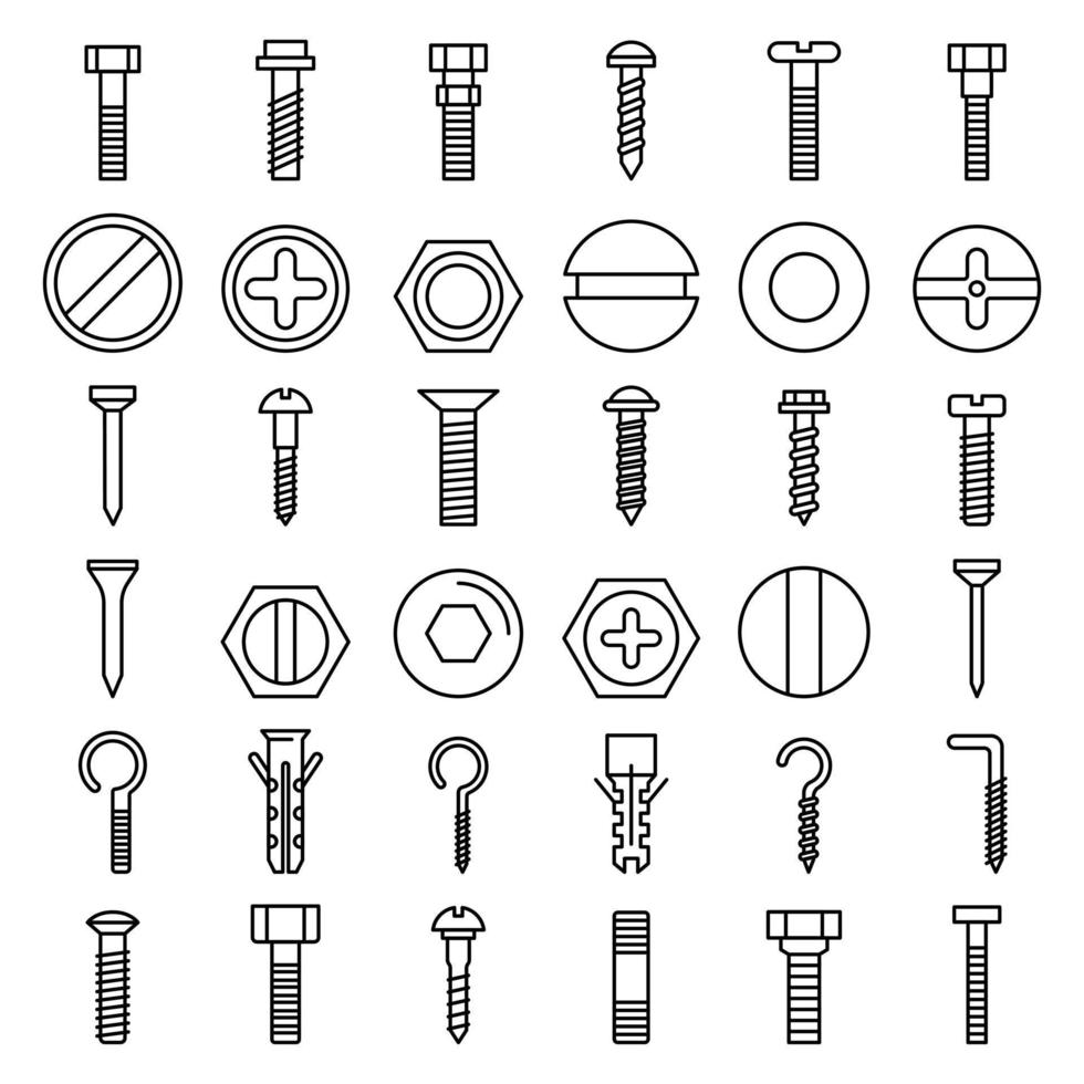 conjunto de iconos de tornillo, estilo de esquema vector