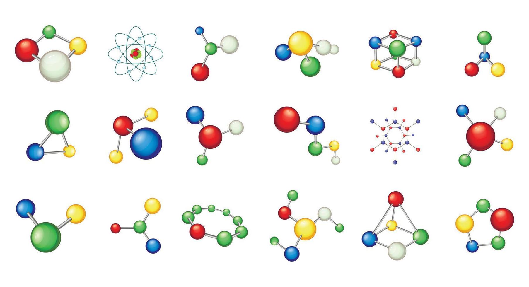 conjunto de iconos de molécula, estilo de dibujos animados vector