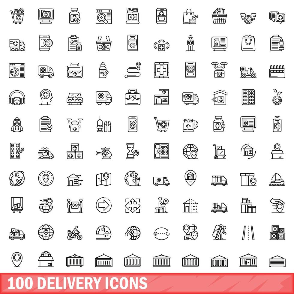 100 delivery icons set, outline style vector