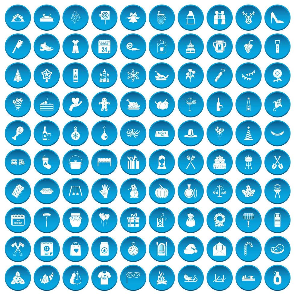 100 family tradition icons set blue vector