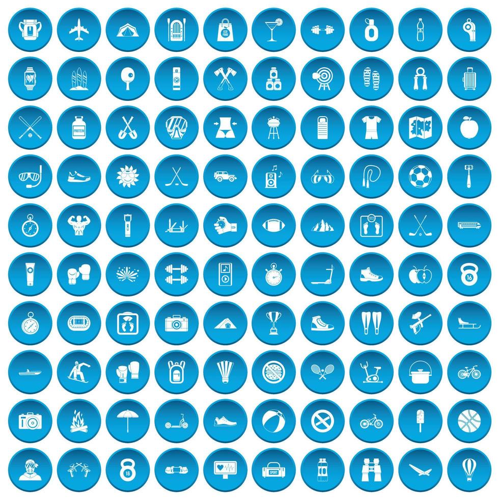 100 active life icons set blue vector