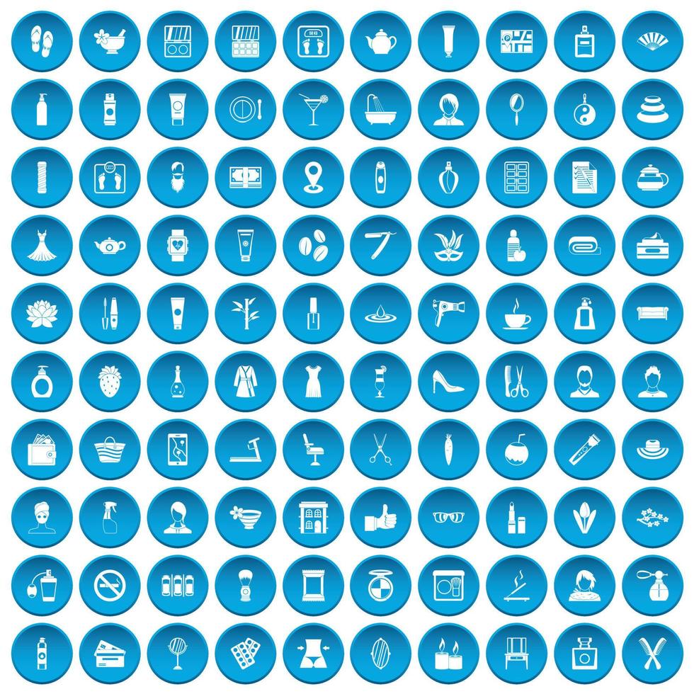 100 iconos de salón de belleza conjunto azul vector