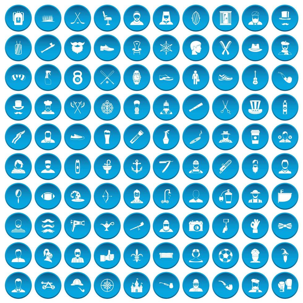 100 beard icons set blue vector