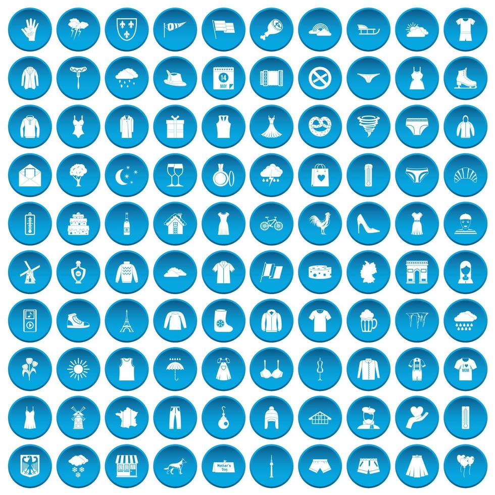 100 iconos de ropa conjunto azul vector