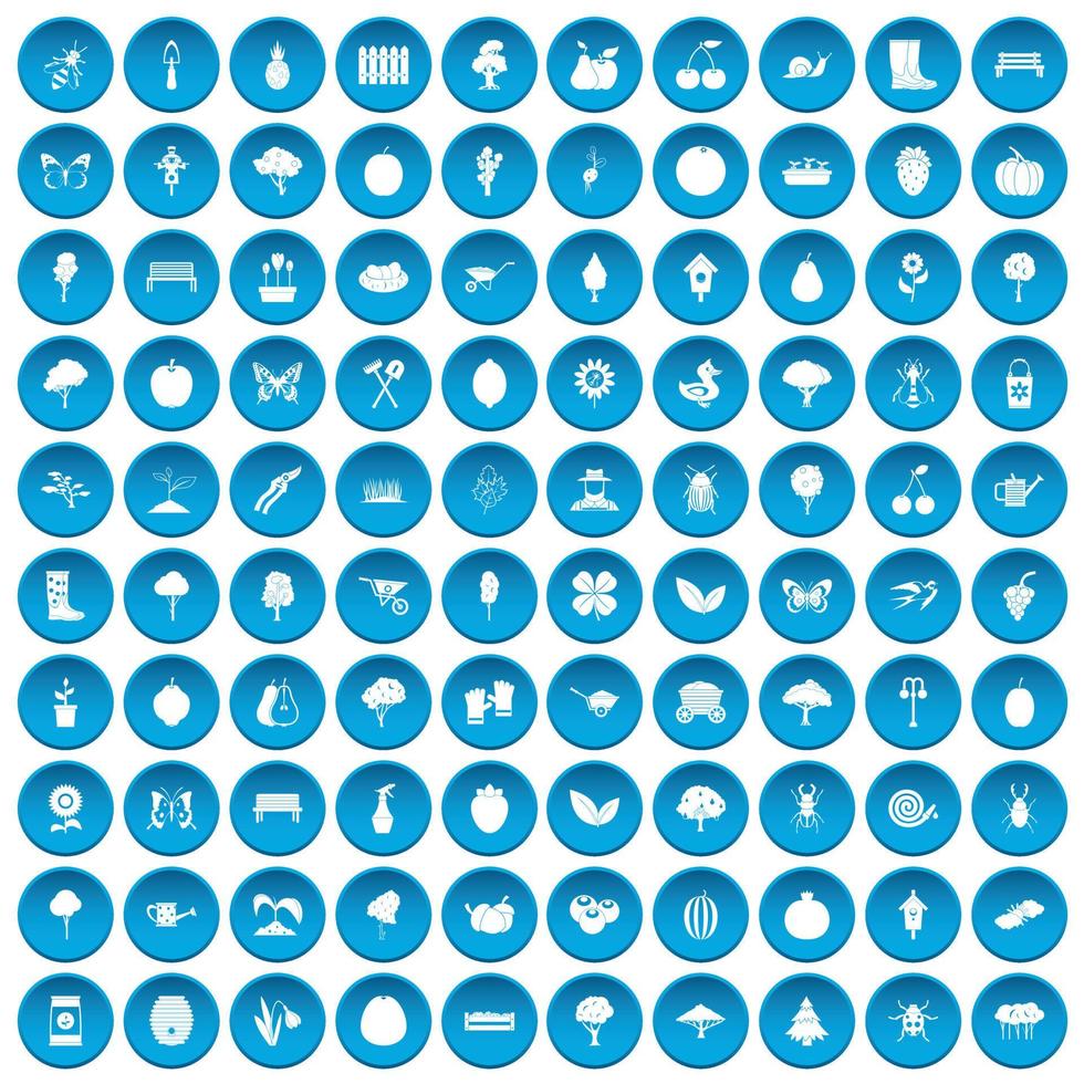 100 gardening icons set blue vector