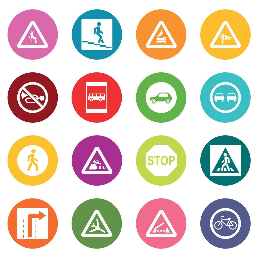 señal de tráfico, conjunto, iconos, muchos, colores, conjunto vector