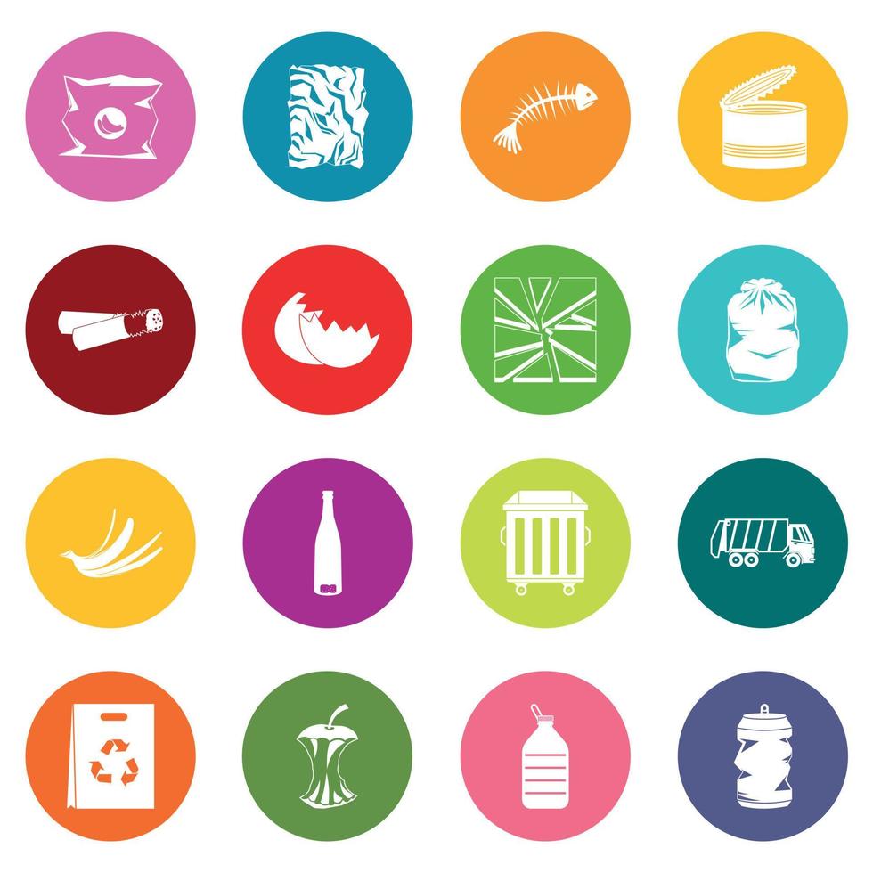 Waste and garbage icons many colors set vector