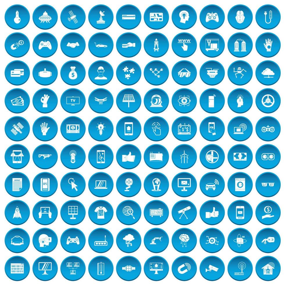 100 iconos de alta tecnología conjunto azul vector