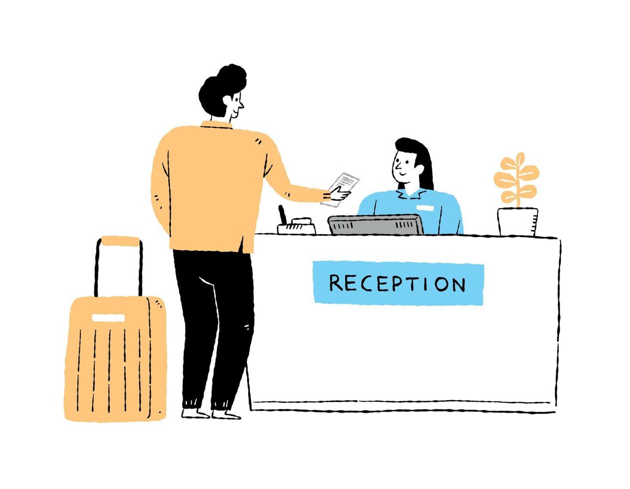 one traveler man at reception checking in to his room vector