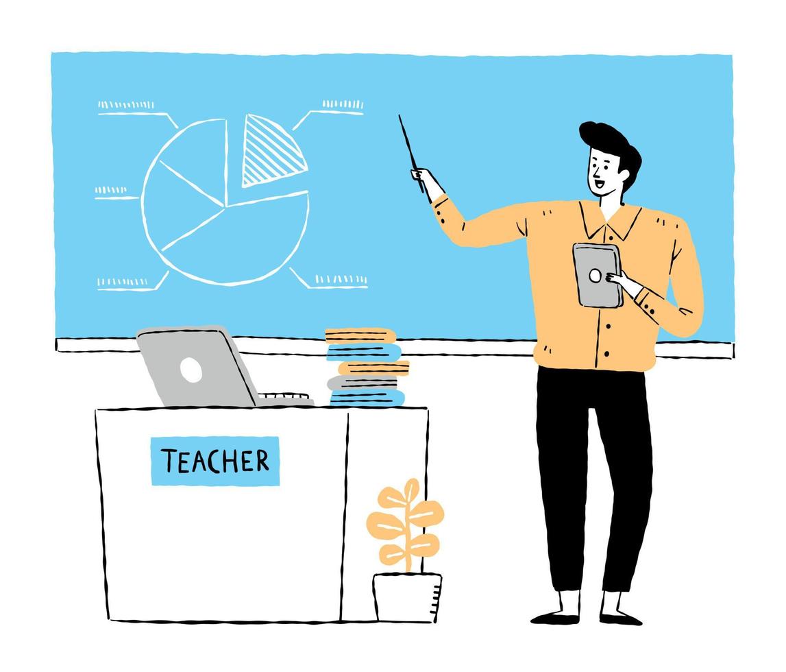 male teacher is using computer and tablet for teaching in his class vector
