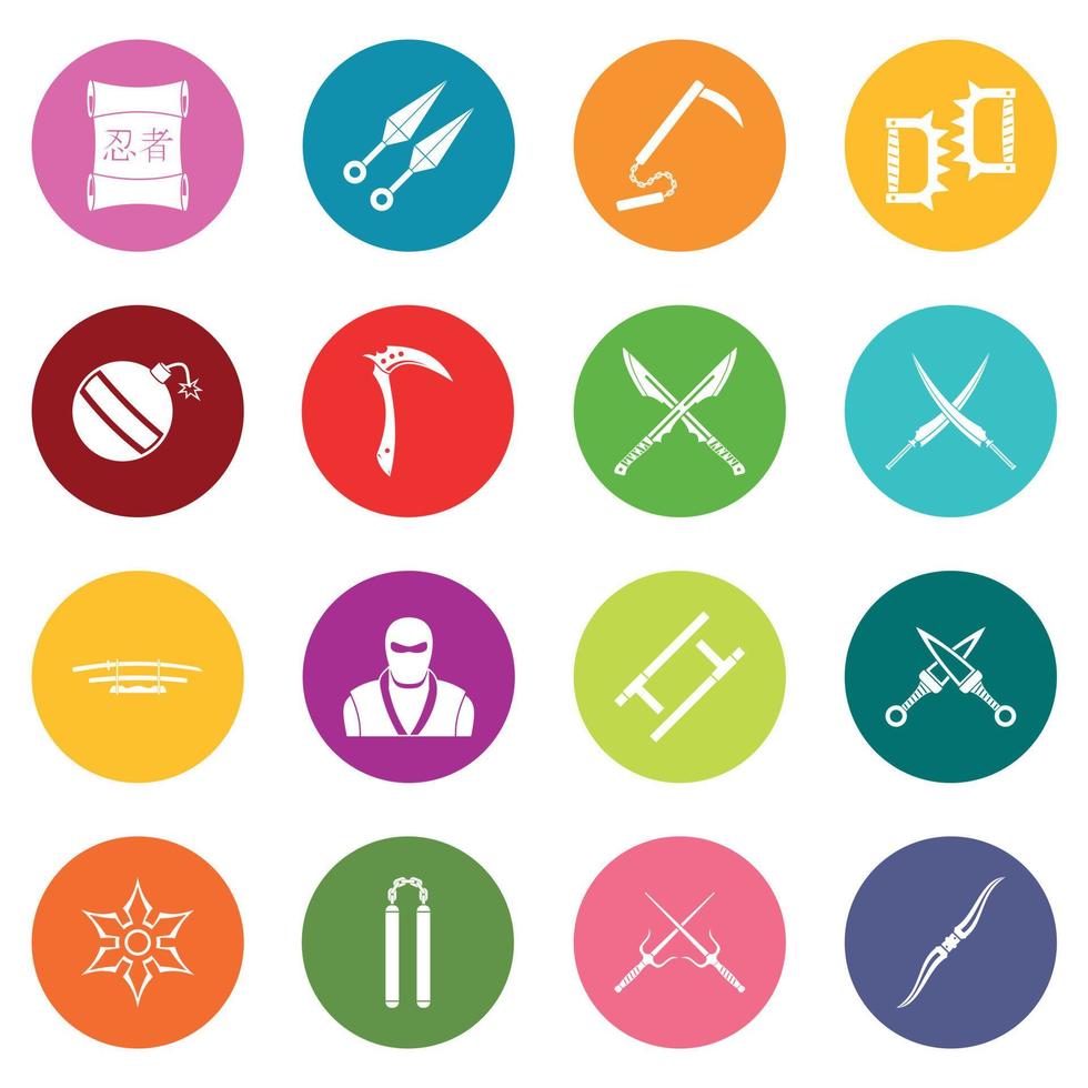 Ninja tools icons many colors set vector