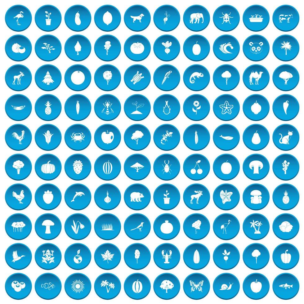 100 iconos de naturaleza viva conjunto azul vector