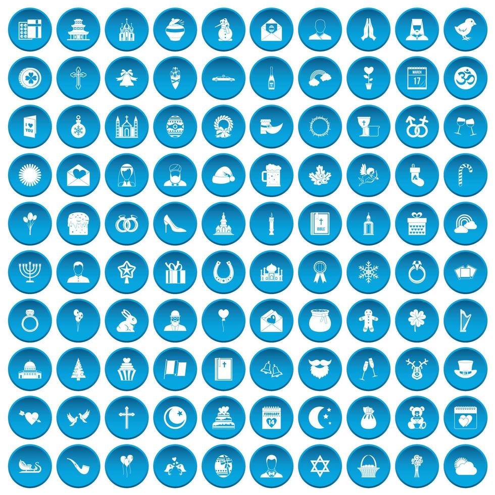 100 iconos de fiesta religiosa conjunto azul vector