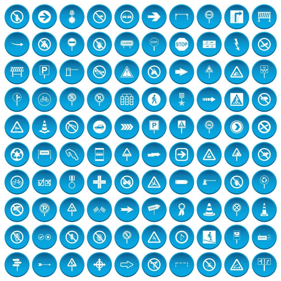 100 road signs icons set blue vector