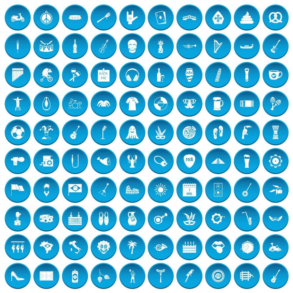 100 iconos del festival callejero en azul vector