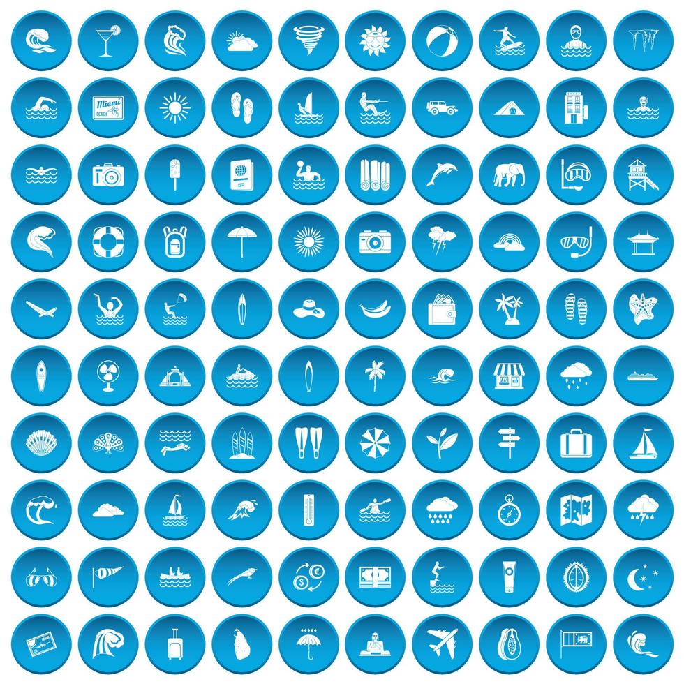 100 surfing icons set blue vector