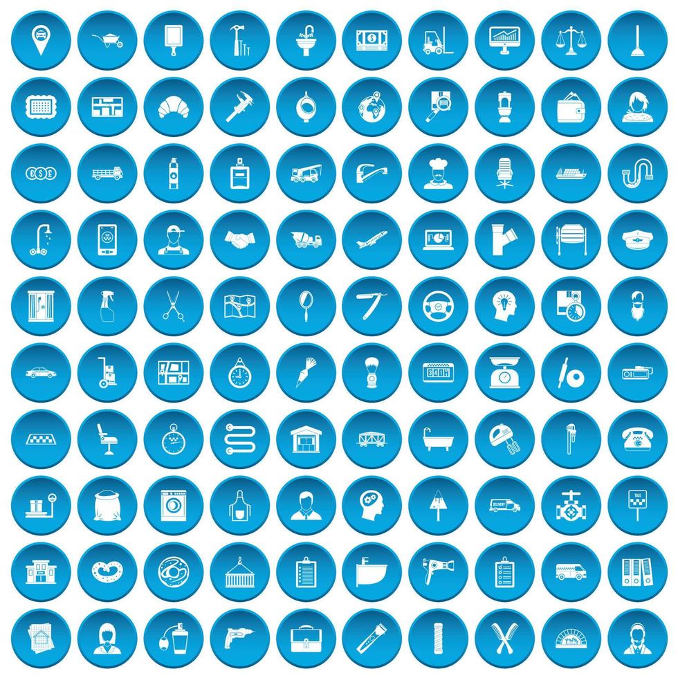 100 iconos de trabajo conjunto azul vector