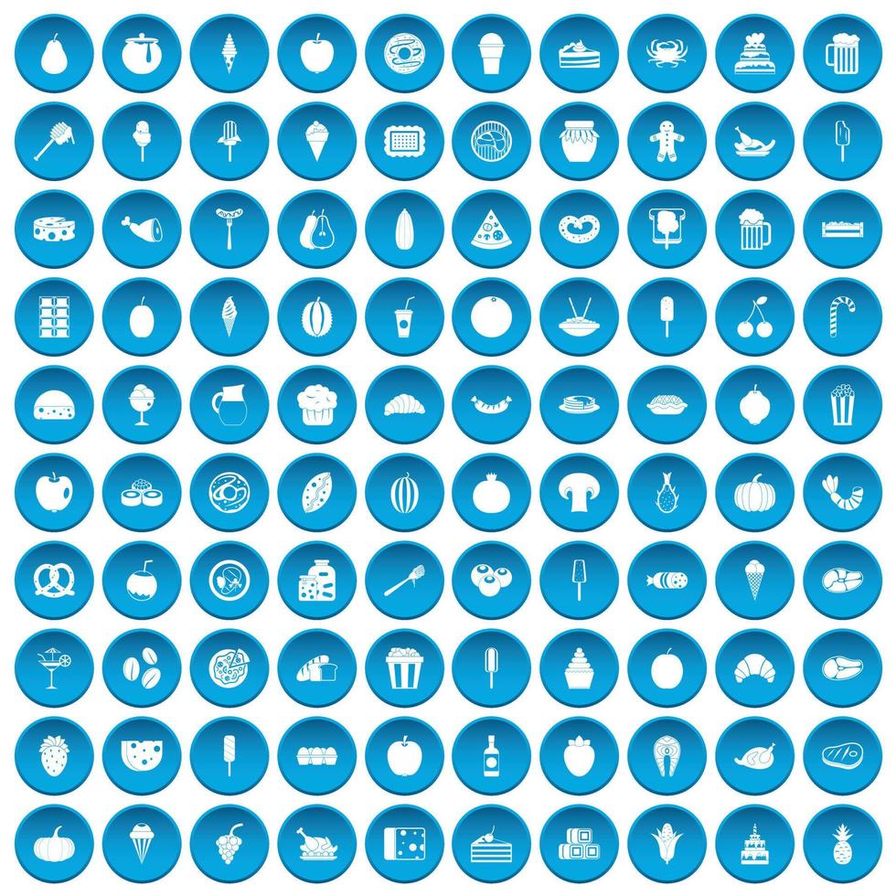 100 tasty food icons set blue vector