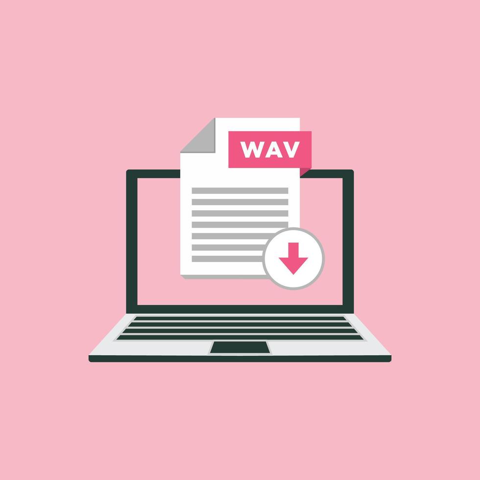Download WAV icon file with label on laptop screen. Downloading document concept vector